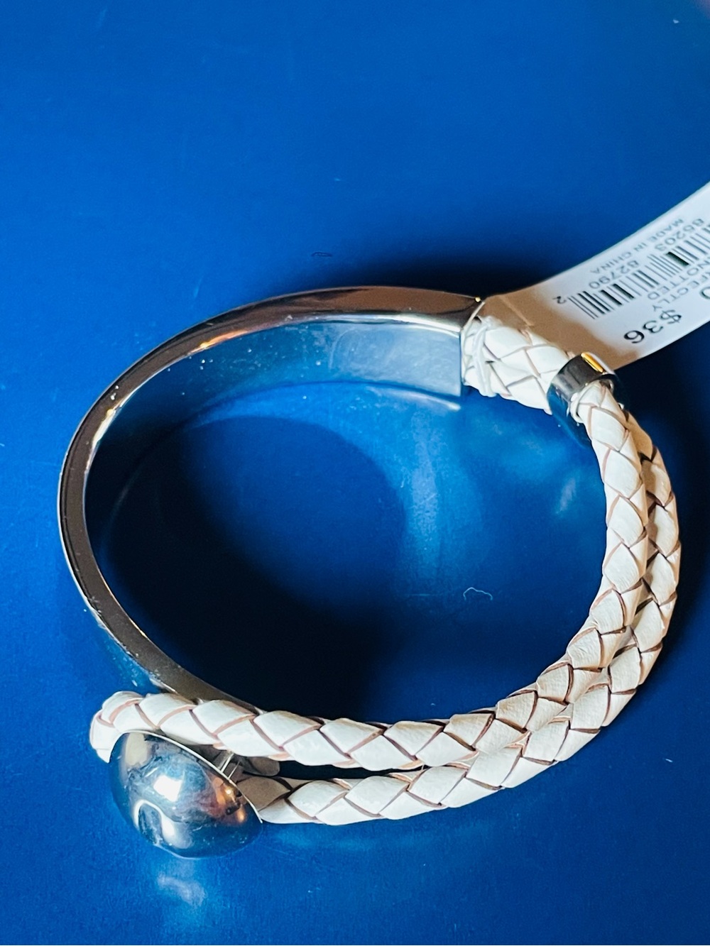 ViVI White Braided Leather and Silver-Tone Cuff Bracelet